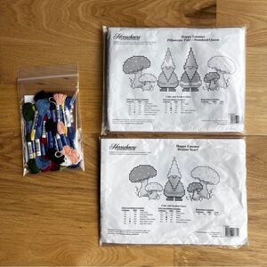 Happy Gnomes Pillowcase Pair and  Dresser Scarf Cross Stitch Herrshners NEW